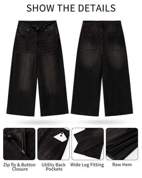 GRAPENT Jean Capris for Women Wide Leg Jeans High Waisted Seamed Front Raw Hem Denim Capri Pants Stretchy