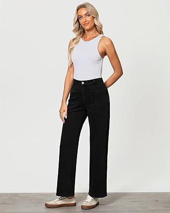 GRAPENT Wide Leg Jeans for Women Trendy High Waisted Loose Straight Leg Stretchy Retro Denim Pants with Pouch Pockets