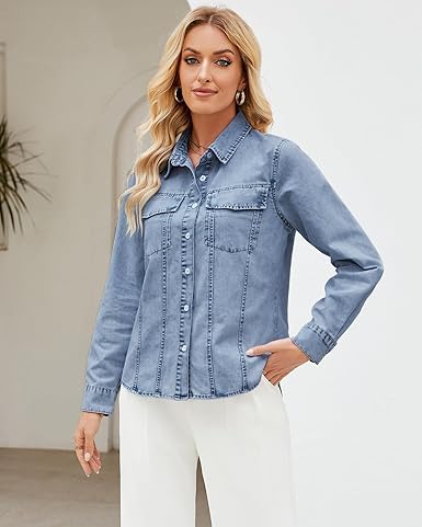 GRAPENT Women's Shirt Rugged Button Down Loose Durable Classic Fitted Denim Blouse Top