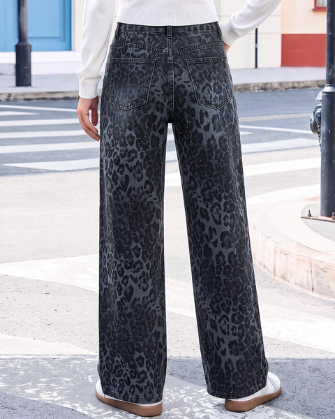 GRAPENT Womens Wide Leg Jeans High Waist Cheetah Print Baggy Leopard Pants | Baggy Wide Leg Cut, Classic Leopard Print, High Rise, 29.5 Inch Inseam, Stretchy Denim Pants, Loose Fit, Western Chic Outfits