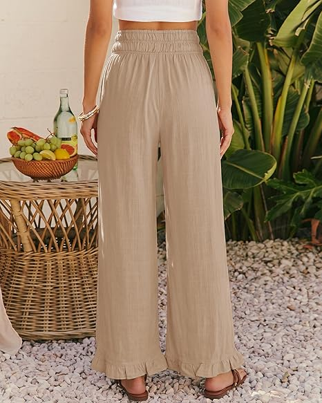 GRAPENT Linen Pants Women Wide Leg Ruffle Hem Pull On High Waisted Elastic Waist Cropped Ankle Casual Beach Summer Pants