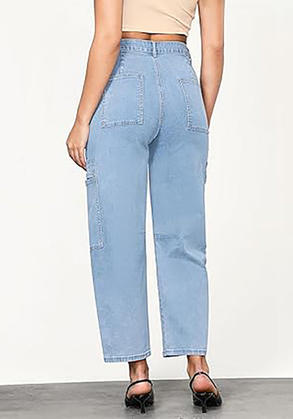 GRAPENT Barrel Jeans for Women Trendy High Waisted Cropped Cargo Pocket Baggy Stretch Denim Pants Wide Leg Tapered Jeans