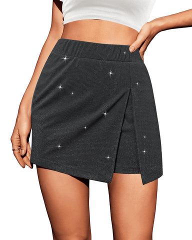 GRAPENT Skorts for Woman High Waisted Skirt with Shorts Sparkly Pull On Stretchy Glitter Mini Skirts Side Slit Party
