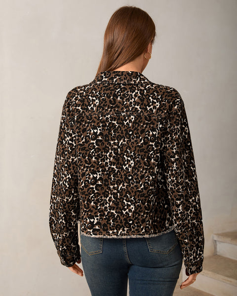 GRAPENT Leopard Jean Jacket Women Cheetah Print Stretchy Frayed Hem Jackets Long Sleeve, Turn-Down Collar, Button Up Denim Jackets, Animal Print, Raw Hem, Four Pockets, Casual Daily Wear, Fall Outfits