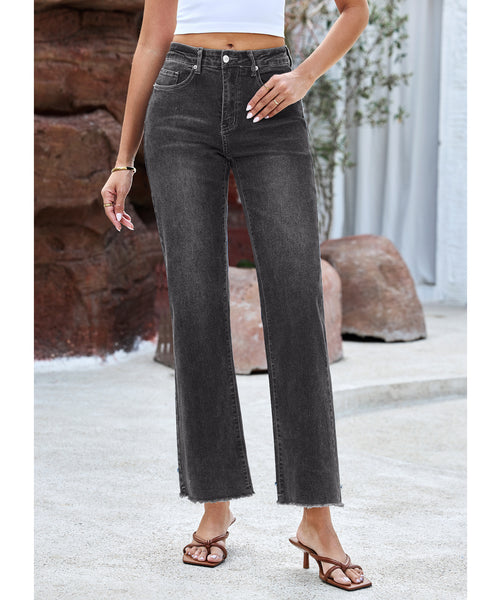 GRAPENT Straight Leg Jeans for Women High Waisted Stretchy Frayed Raw Hem Loose Denim Pants Casual Baggy Jean Trousers