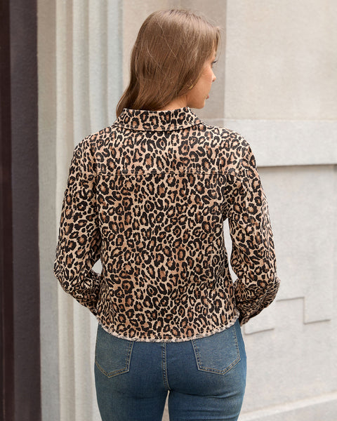 GRAPENT Leopard Jean Jacket Women Cheetah Print Stretchy Frayed Hem Jackets Long Sleeve, Turn-Down Collar, Button Up Denim Jackets, Animal Print, Raw Hem, Four Pockets, Casual Daily Wear, Fall Outfits