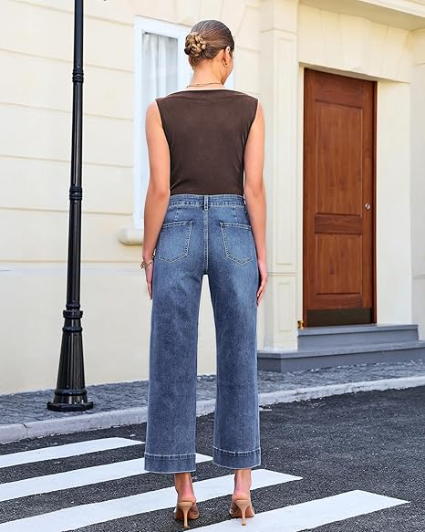GRAPENT Wide Leg Jeans for Women Cropped High Waisted Trendy Patch Pocket Baggy Loose Straight Leg Stretchy Denim Pants