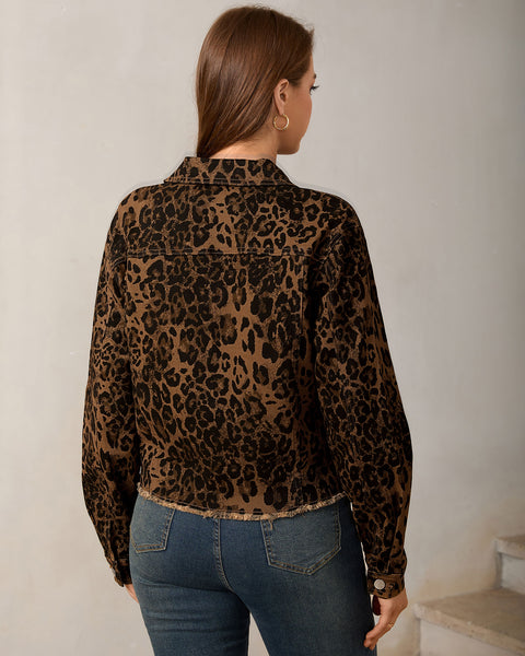 GRAPENT Leopard Jean Jacket Women Cheetah Print Stretchy Frayed Hem Jackets Long Sleeve, Turn-Down Collar, Button Up Denim Jackets, Animal Print, Raw Hem, Four Pockets, Casual Daily Wear, Fall Outfits