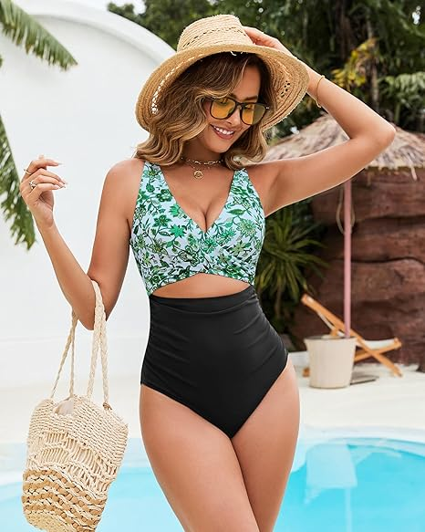 GPAPENT StrapCore One Piece Swimsuit Women V Neck Cross Front Cut Out Printed Color Block Ruched High Waisted Bathing Suits Swimwear