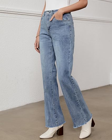 GRAPENT Straight Leg Jeans for Women High Waisted Stretchy Frayed Raw Hem Loose Denim Pants Casual Baggy Jean Trousers