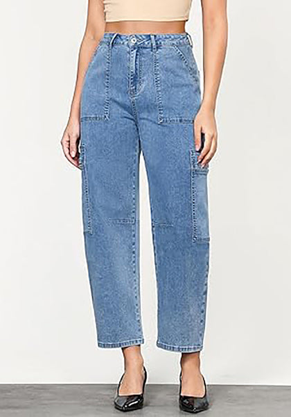 GRAPENT Barrel Jeans for Women Trendy High Waisted Cropped Cargo Pocket Baggy Stretch Denim Pants Wide Leg Tapered Jeans