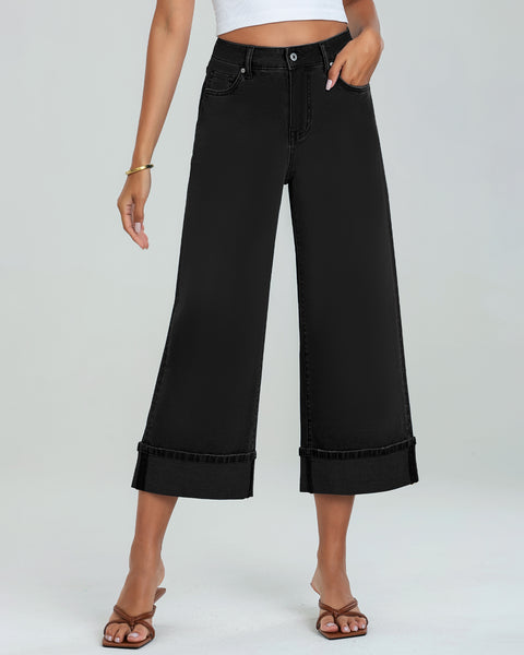 GRAPENT Wide Leg Jeans for Women High Waisted Stretchy Denim Capri Pants Fold Hem Cropped Baggy Capris Jeans with Pocket