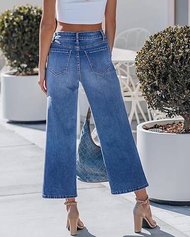 GRAPENT Wide Leg Jeans for Women Cropped Trendy High Waisted Button Fly Loose Straight Leg Stretchy Denim Trouser Jeans