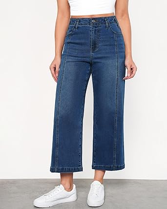GRAPENT Wide Leg Jeans Woman Trendy Cropped High Waisted Front Seam Casual Stretchy Denim Trouser Jeans with Pockets