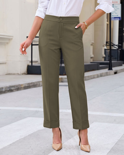 GRAPENT Dress Pants Women Ankle Straight Leg Business Casual Work Trousers Office Pants, Cuffed Hem, High Waisted, Elastic Back Waist, Stretchy Dressy Casual Slacks, Work Wear, Business Casual Outfits