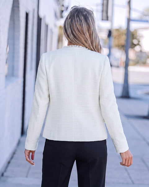 GRAPENT Tweed Blazers for Women Dressy Casual Collarless Work Suit Jackets Textured Tweed, Long Sleeve, Round Neck, Frayed Trim, Casual Blazer Jackets with Shoulder Pads, Business Casual, Office Wear