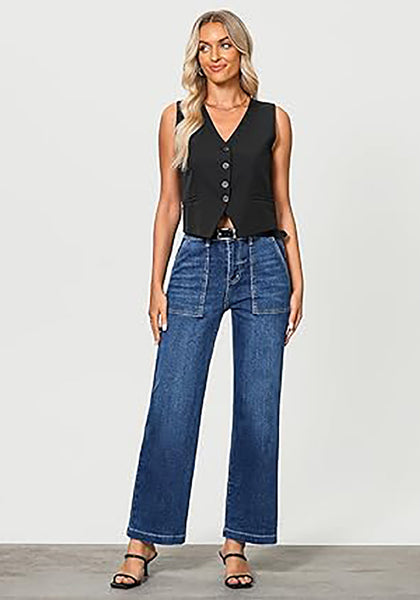 GRAPENT Jeans for Women High Waisted Straight Leg Jeans Stretchy Trendy Wide Leg Denim Pants Jean Trousers Patch Pockets