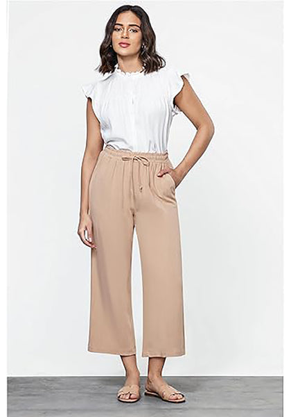 GRAPENT Linen Pants for Women High Waisted Wide Leg Capri Elastic Waist Casual Beach Flowy Cropped Summer Capris Pants