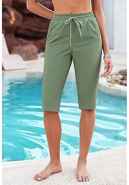 GRAPENT Women's Casual Elastic Waist Swim Pants Drawstring Jammer Knee-Length
