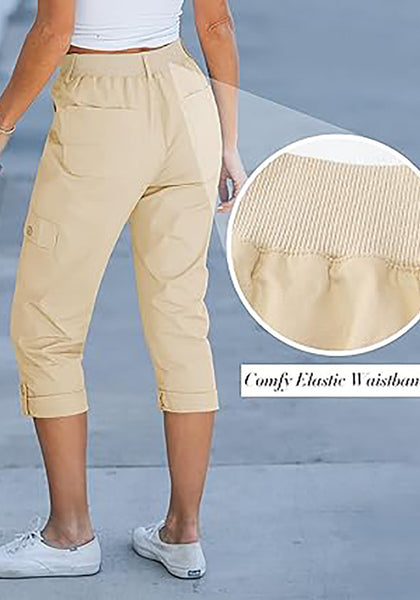 GRAPENT Cargo Capri Pants for Women High Waisted Relaxed Fit Elastic Knit Waist Casual Capris Trousers Cropped Pants