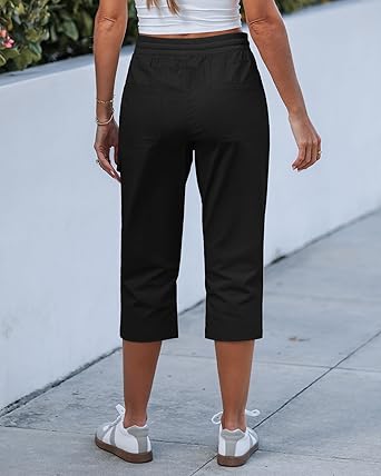 GRAPENT Capri Pants for Women Cargo Elastic Waist Pull On Drawstring Summer Casual Capris Cotton Chino Cropped Pants