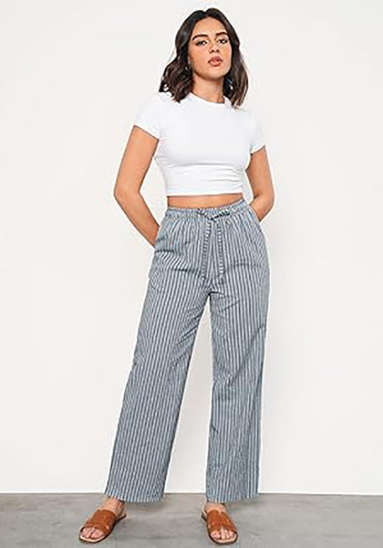 GRAPENT Striped Pants for Women High Waisted Wide Leg Cotton Linen Trendy Beach Pull on Elastic Waist Casual Flowy Pants