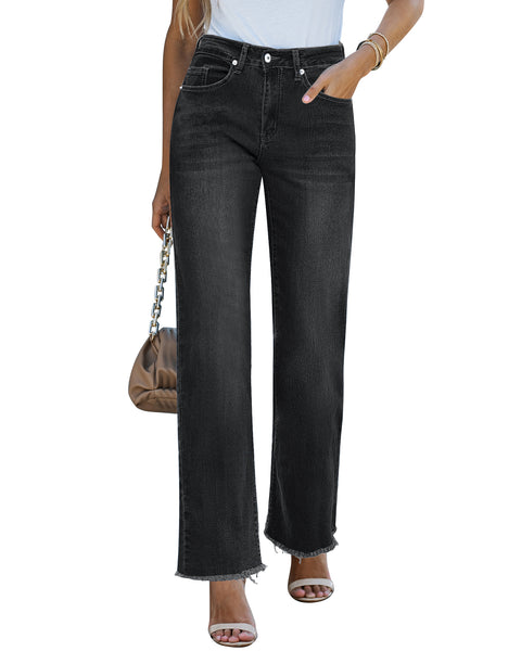 GRAPENT Straight Leg Jeans for Women High Waisted Stretchy Frayed Raw Hem Loose Denim Pants Casual Baggy Jean Trousers