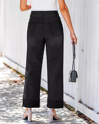 GRAPENT Wide Leg Jeans for Women Trendy High Waisted Cuffed Hem Stretchy Denim Trousers Pants Work Casual Jeans