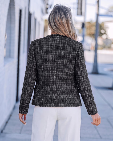 GRAPENT Tweed Blazers for Women Dressy Casual Collarless Work Suit Jackets Textured Tweed, Long Sleeve, Round Neck, Frayed Trim, Casual Blazer Jackets with Shoulder Pads, Business Casual, Office Wear