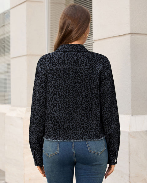 GRAPENT Leopard Jean Jacket Women Cheetah Print Stretchy Frayed Hem Jackets Long Sleeve, Turn-Down Collar, Button Up Denim Jackets, Animal Print, Raw Hem, Four Pockets, Casual Daily Wear, Fall Outfits
