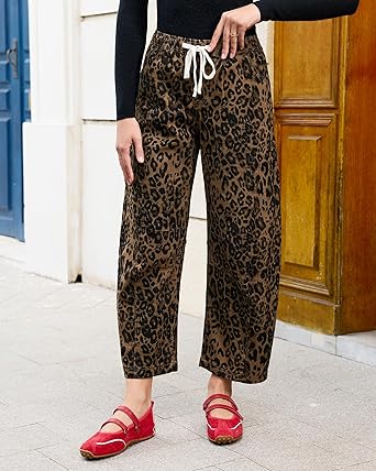 GRAPENT Barrel Jeans for Women Trendy High Waisted Pull On Wide Leg Cropped Leopard Cheetah Print Stretchy Denim Pants