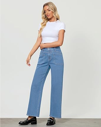 GRAPENT Wide Leg Jeans for Women Trendy High Waisted Loose Straight Leg Stretchy Retro Denim Pants with Pouch Pockets