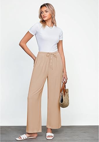 GRAPENT Linen Wide Leg Pants Woman High Waisted Pull On Button Drawstring Baggy Casual Summer Palazzo Pants with Pockets