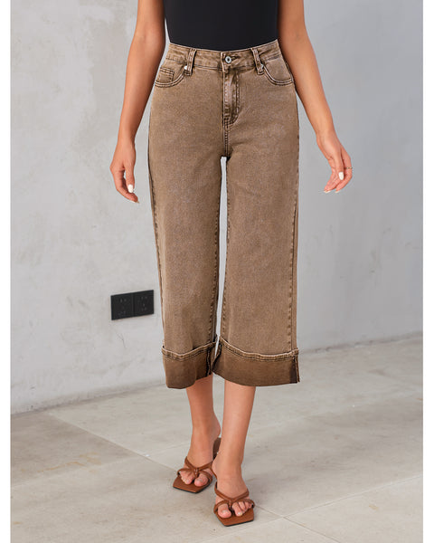 GRAPENT Wide Leg Jeans for Women High Waisted Stretchy Denim Capri Pants Fold Hem Cropped Baggy Capris Jeans with Pocket