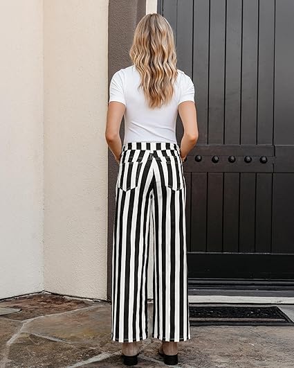 GRAPENT Women Jeans Striped Wide Leg High Waisted Trendy Stretchy Denim Pants Cute Casual Trouser Jeans with Pockets