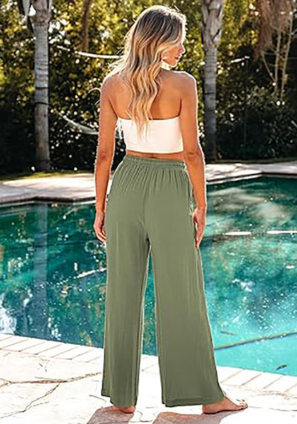 GRAPENT Wide Leg Pants Woman Linen High Waisted Pull On Flowy Casual Baggy Drawstring Palazzo Trousers Pants Resort Wear