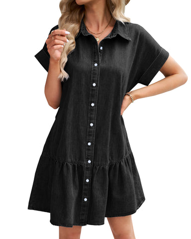 GRAPENT 2023 Denim Dress for Women Summer Button Down Belted Short Dresses Flowy Western Casual Jean Dress