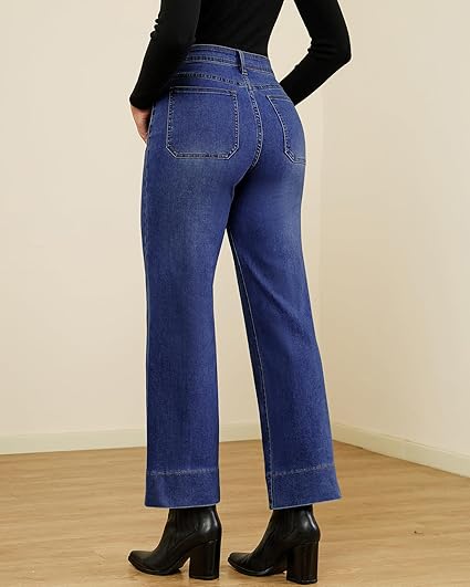 GRAPENT Wide Leg Jeans Woman Trendy High Waisted Patch Pocket Stretchy Denim Pants Vintage Casual Trouser Jeans