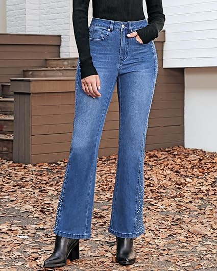 GRAPENT Flare Jeans for Women High Waisted Trendy Wide Leg Embellished Rhinestone Sparkly Concert Stretchy Denim Pants