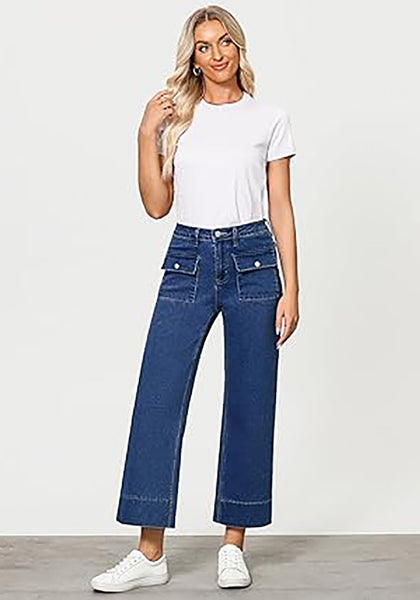 GRAPENT Wide Leg Jeans for Women Trendy High Waisted Straight Leg Cropped Stretchy Denim Pants with Retro Patch Pockets