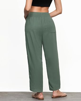 GRAPENT Linen Pants Women Wide Leg High Waisted Cropped Barrel Pull On Smocked Elastic Waist Summer Pants with Pockets