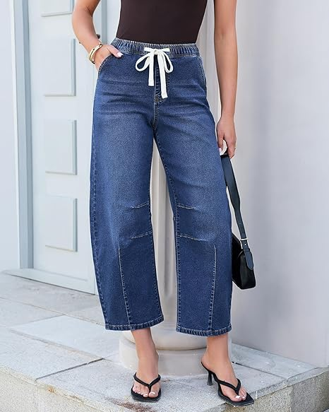 GRAPENT Barrel Jeans for Women Trendy High Waisted Cropped Baggy Wide Leg Pull On Elastic Waist Stretchy Denim Pants