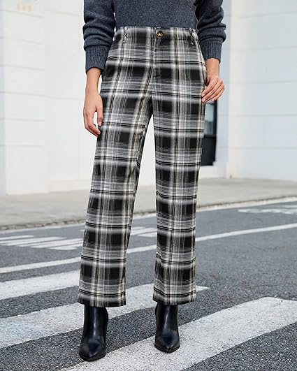 GRAPENT Plaid Pants for Women Wide Leg High Waisted Tartan Work Business Casual Elastic Waist Trousers Pants with Pocket