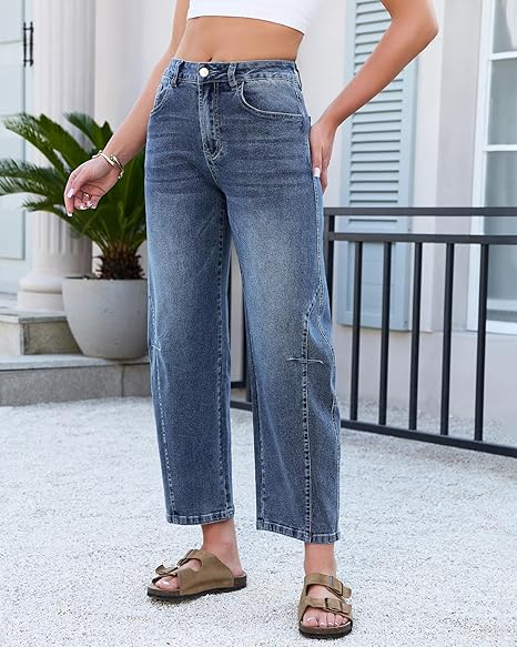 GRAPENT Barrel Jeans for Women Cropped Trendy High Waisted Baggy Side Seamed Casual Stretchy Denim Pants Wide Leg Jeans
