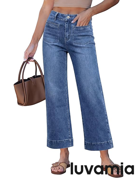 GRAPENT Wide Leg Jeans for Women Cropped High Waisted Trendy Patch Pocket Baggy Loose Straight Leg Stretchy Denim Pants
