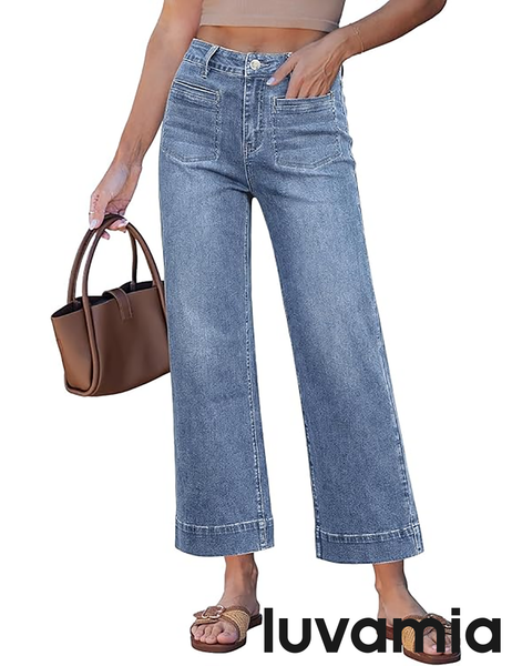GRAPENT Wide Leg Jeans for Women Cropped High Waisted Trendy Patch Pocket Baggy Loose Straight Leg Stretchy Denim Pants