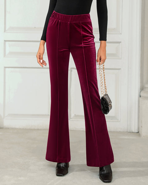 GRAPENT Flare Velvet Pants for Women High Waisted Wide Leg Stretch Elastic Waist Pull On Trousers Front Seam Slacks