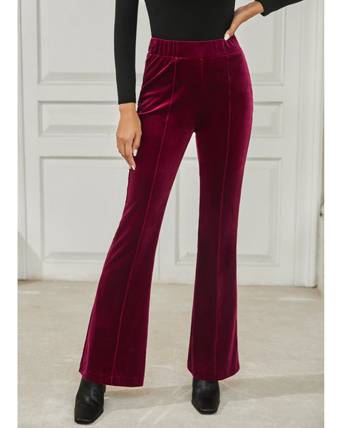 GRAPENT Flare Velvet Pants for Women High Waisted Wide Leg Stretch Elastic Waist Pull On Trousers Front Seam Slacks