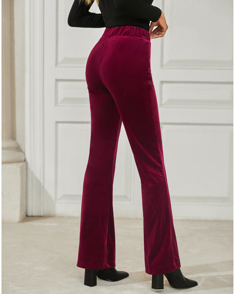 GRAPENT Flare Velvet Pants for Women High Waisted Wide Leg Stretch Elastic Waist Pull On Trousers Front Seam Slacks