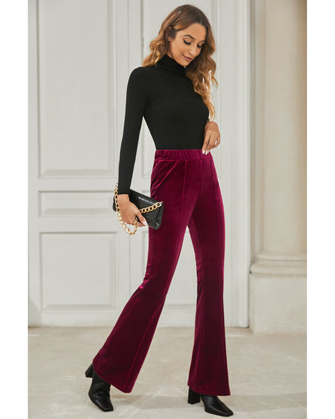 GRAPENT Flare Velvet Pants for Women High Waisted Wide Leg Stretch Elastic Waist Pull On Trousers Front Seam Slacks